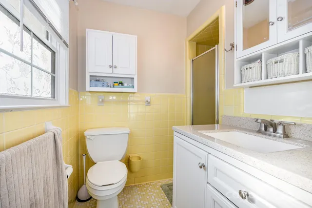 a bathroom with a sink a toilet and a mirror