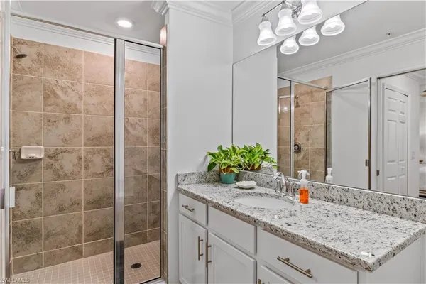 a bathroom with a granite countertop sink a mirror and a shower
