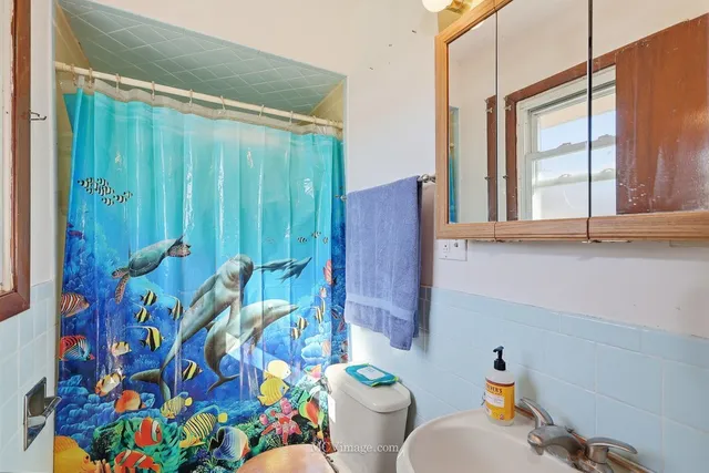 a bathroom with a sink mirror and toilet