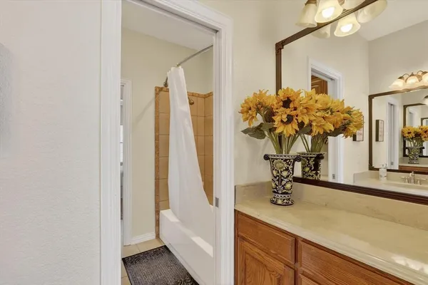 a bathroom with sink and mirror