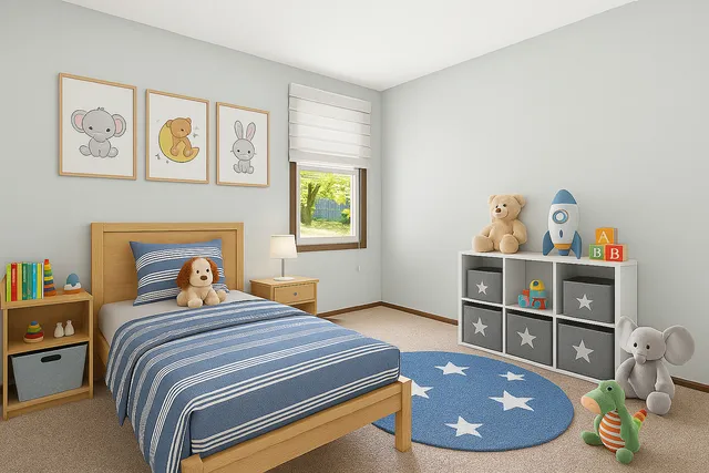 a bedroom with a bed and a wooden floor