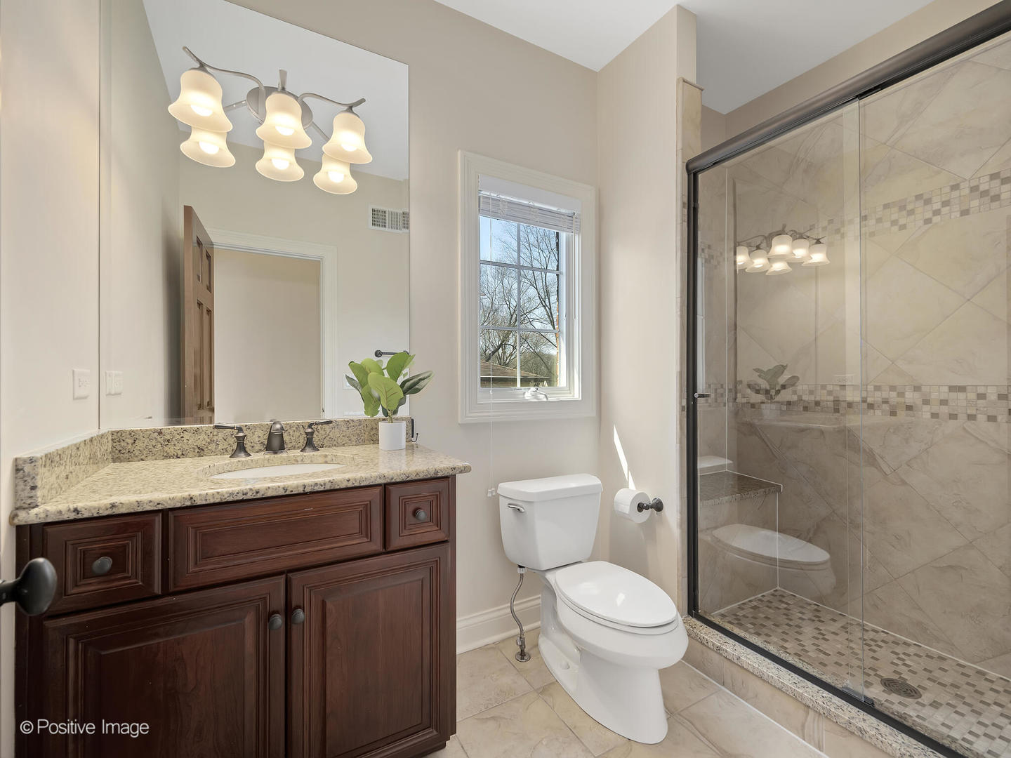 1129 Summit Hills Lane Naperville, IL 60563 - Photo 40 of 72 a bathroom with a granite countertop sink toilet a mirror and a shower