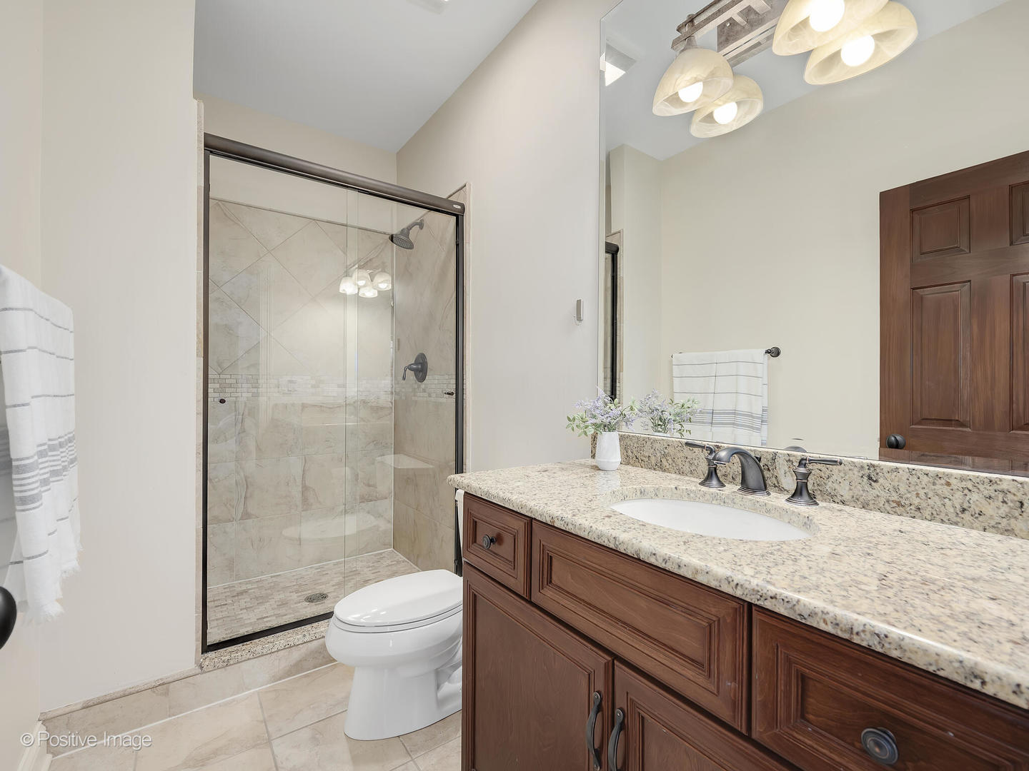1129 Summit Hills Lane Naperville, IL 60563 - Photo 42 of 72 a bathroom with a granite countertop sink toilet a mirror and shower