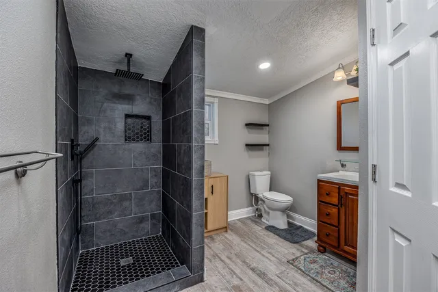 a bathroom with a toilet and a shower