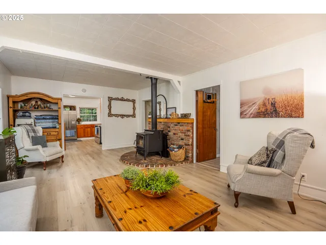 a living room with furniture a fireplace and wooden floor