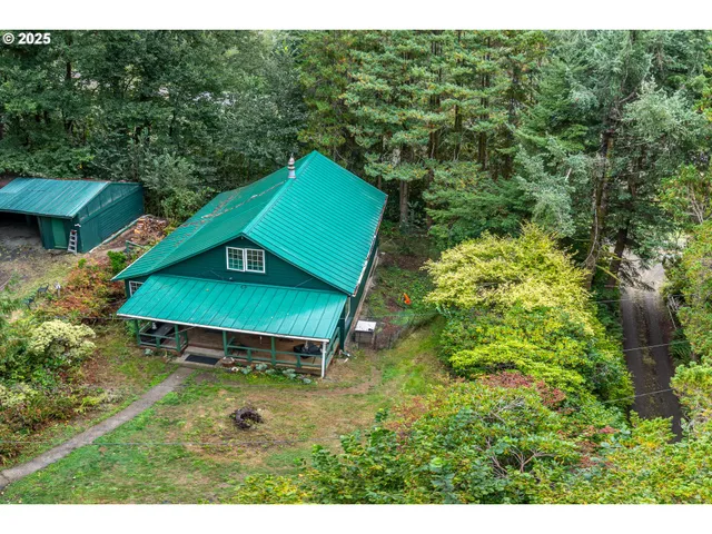 a aerial view of a house with a yard and greenery