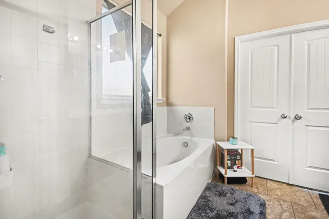 a bathroom with a bathtub and a shower