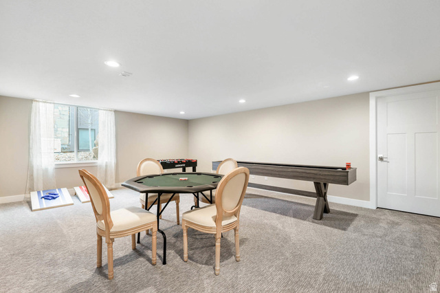 4527 North Seven Bridges Road Eden, UT 84310 - Photo 35 of 65 Game room featuring light carpet and recessed lighting