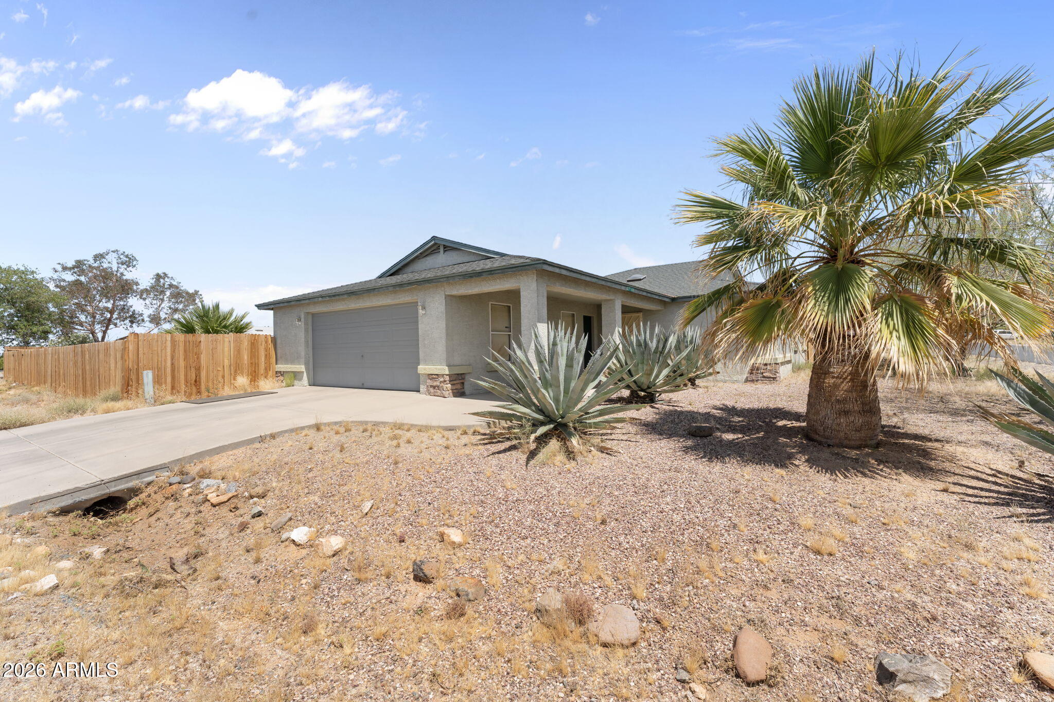 a palm tree sitting in front of a house with a yard