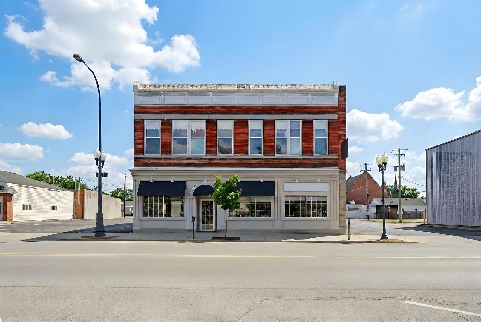 front view of a building with a street