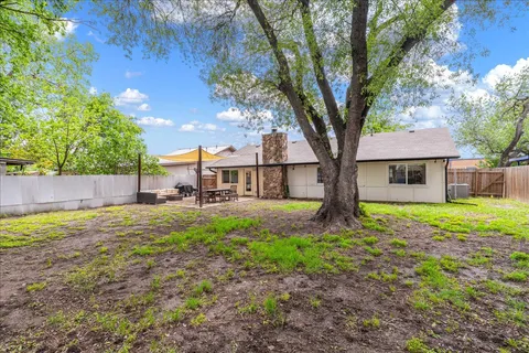 a view of a house with backyard and a tree