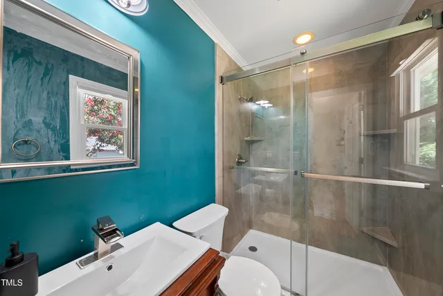 a bathroom with a sink mirror and toilet