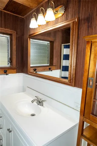 a bathroom with a sink and a mirror