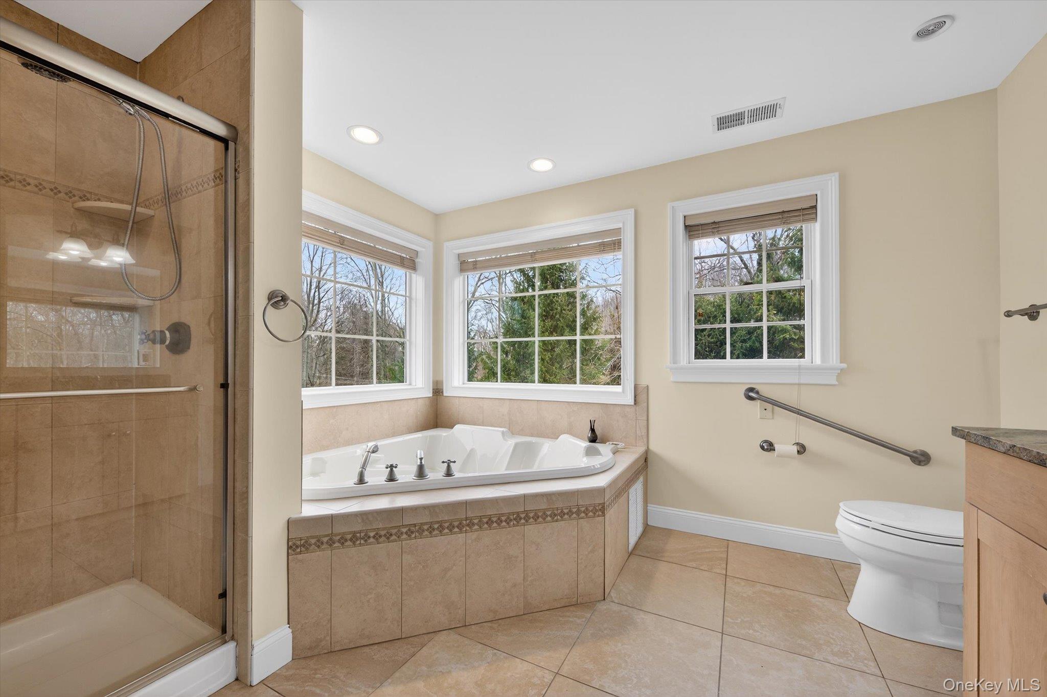 7 Farm Hollow Road New Windsor, NY 12553 - Photo 22 of 36 Bathroom featuring vanity, a shower stall, a bath, light tile patterned floors, and recessed lighting
