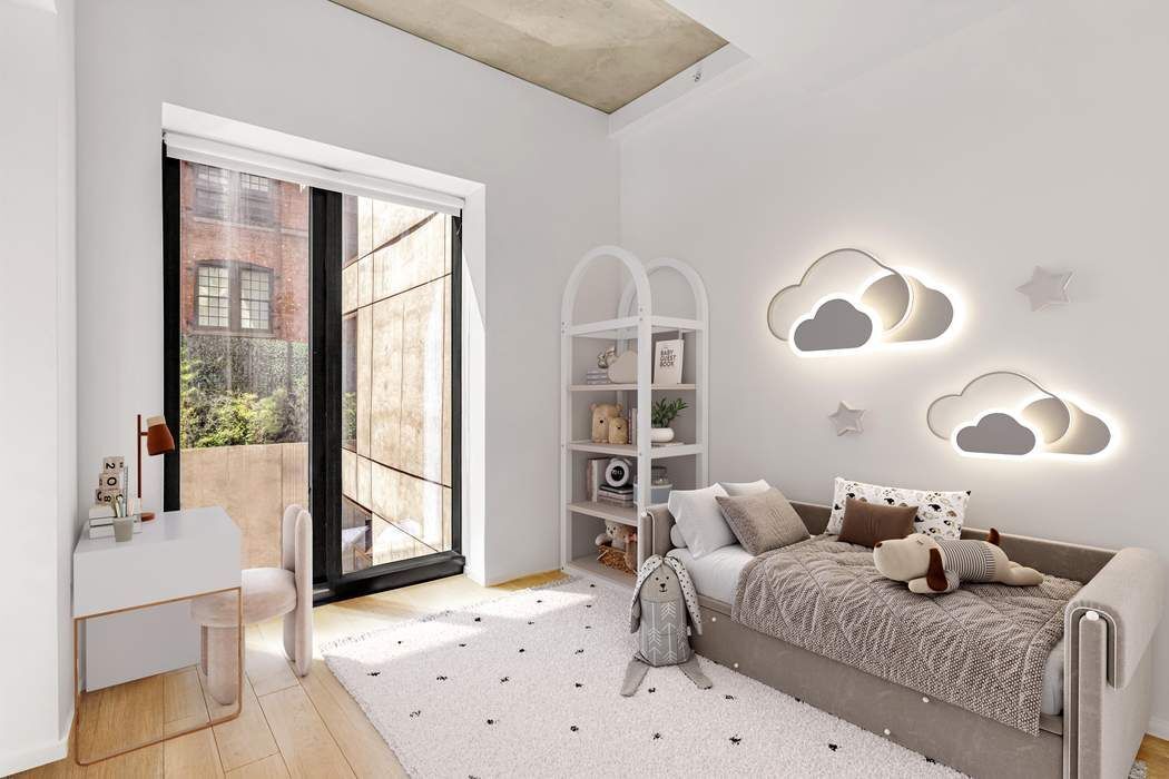 98 Front Street, Unit GRD Brooklyn, NY 11201 - Photo 10 of 23 a bedroom with a bed and a large mirror next to a window