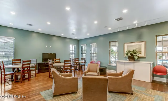 a view of a dining room with furniture