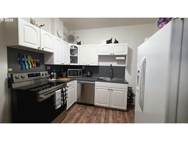 a kitchen with stainless steel appliances a stove a sink and white cabinets