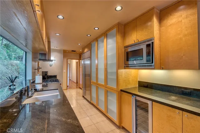 a hallway with a large window