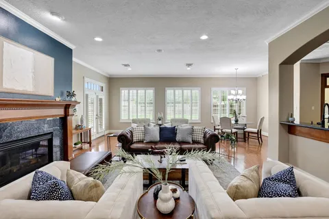 a living room with furniture couches and a fireplace