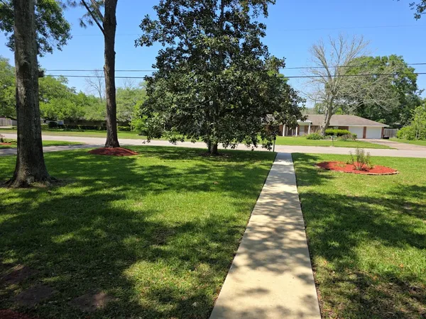 a view of a field of grass and trees