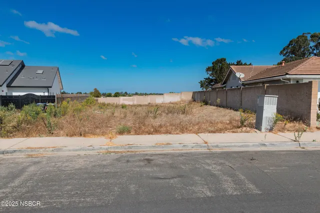 a view of a dry yard with a bench