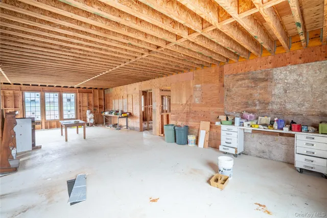 a view of a garage with a couch