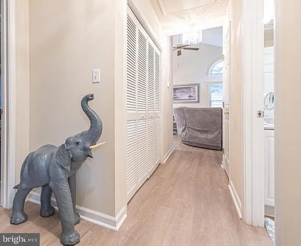 a view of a hallway with furniture and front door