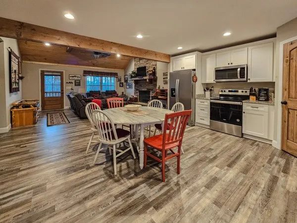 a view of a dining room with furniture