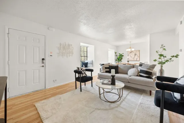 a living room with furniture a rug and a window