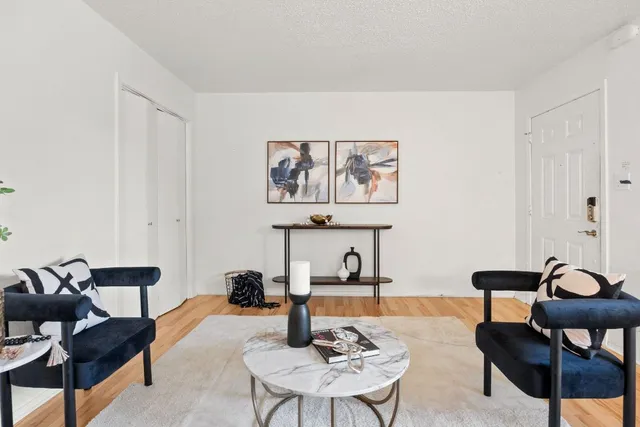 a living room with furniture a rug and a lamp