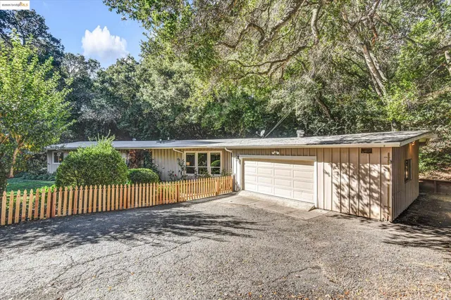 a view of backyard with wooden fence and large trees
