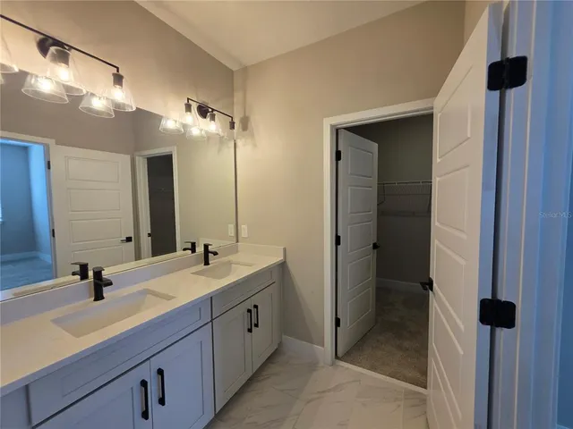 a bathroom with a double vanity sink a mirror and a shower