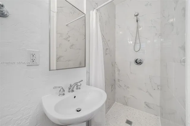 a bathroom with a shower a sink and a mirror