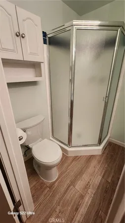 a bathroom with a toilet and a shower