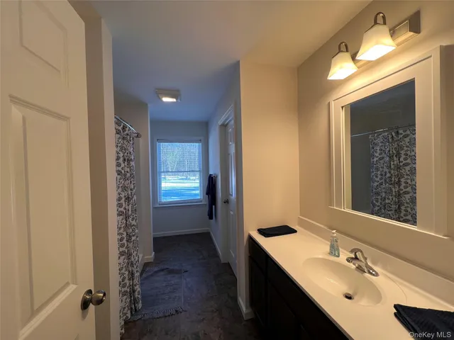a bathroom with a double vanity sink a mirror and a shower