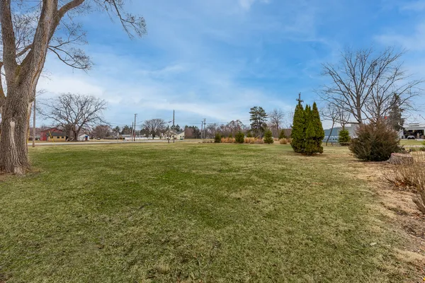 a view of a field with an trees