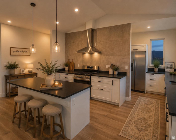 905 Settlement Canyon Road Tooele, UT 84074 - Photo 4 of 12 Modern kitchen featuring an island with seating, dark countertops, white cabinetry with dark hardware, stainless steel appliances, and wood-finish flooring