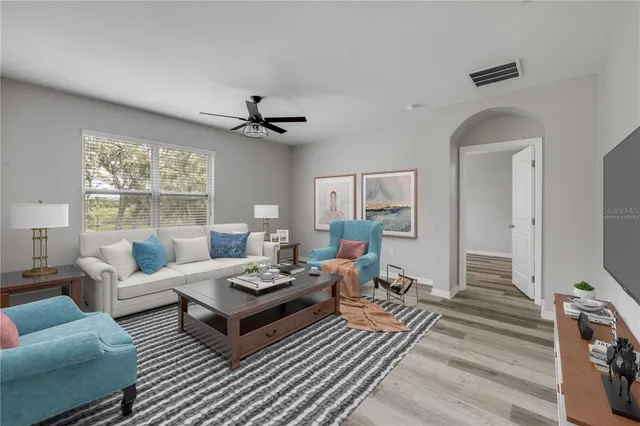 a view of a yard from a balcony