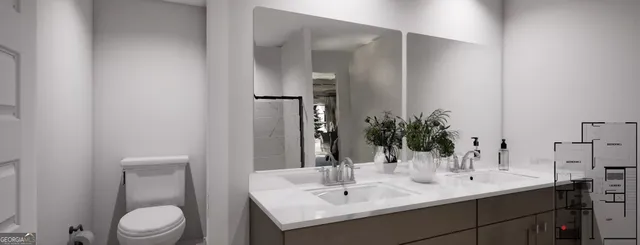 a bathroom with a sink and a mirror with toilet