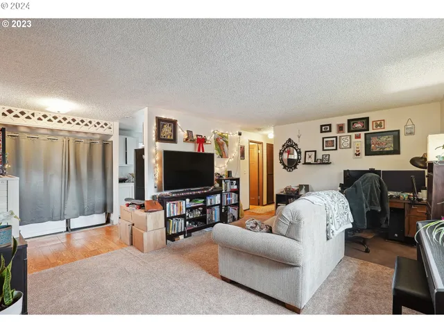 a living room with furniture a rug and gym equipment