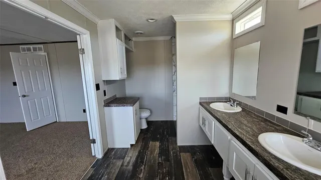 a bathroom with a granite countertop sink a mirror and shower