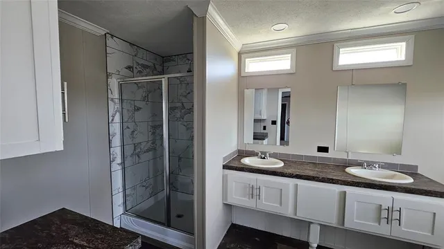 a bathroom with a granite countertop sink a mirror and shower