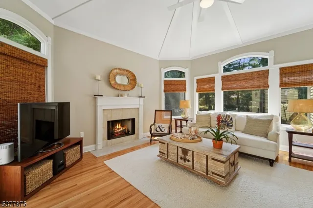 a living room with furniture a fireplace and a flat screen tv