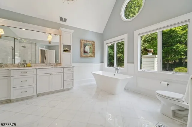 a bathroom with a double vanity sink a toilet and a bathtub
