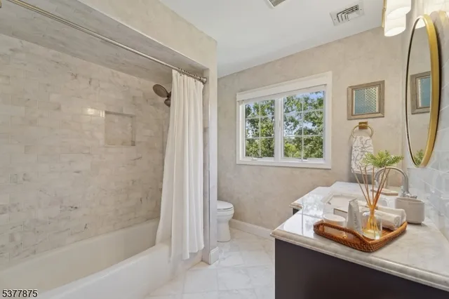 a bathroom with a granite countertop sink a toilet and shower