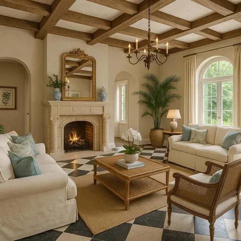 a living room with furniture fireplace and a chandelier