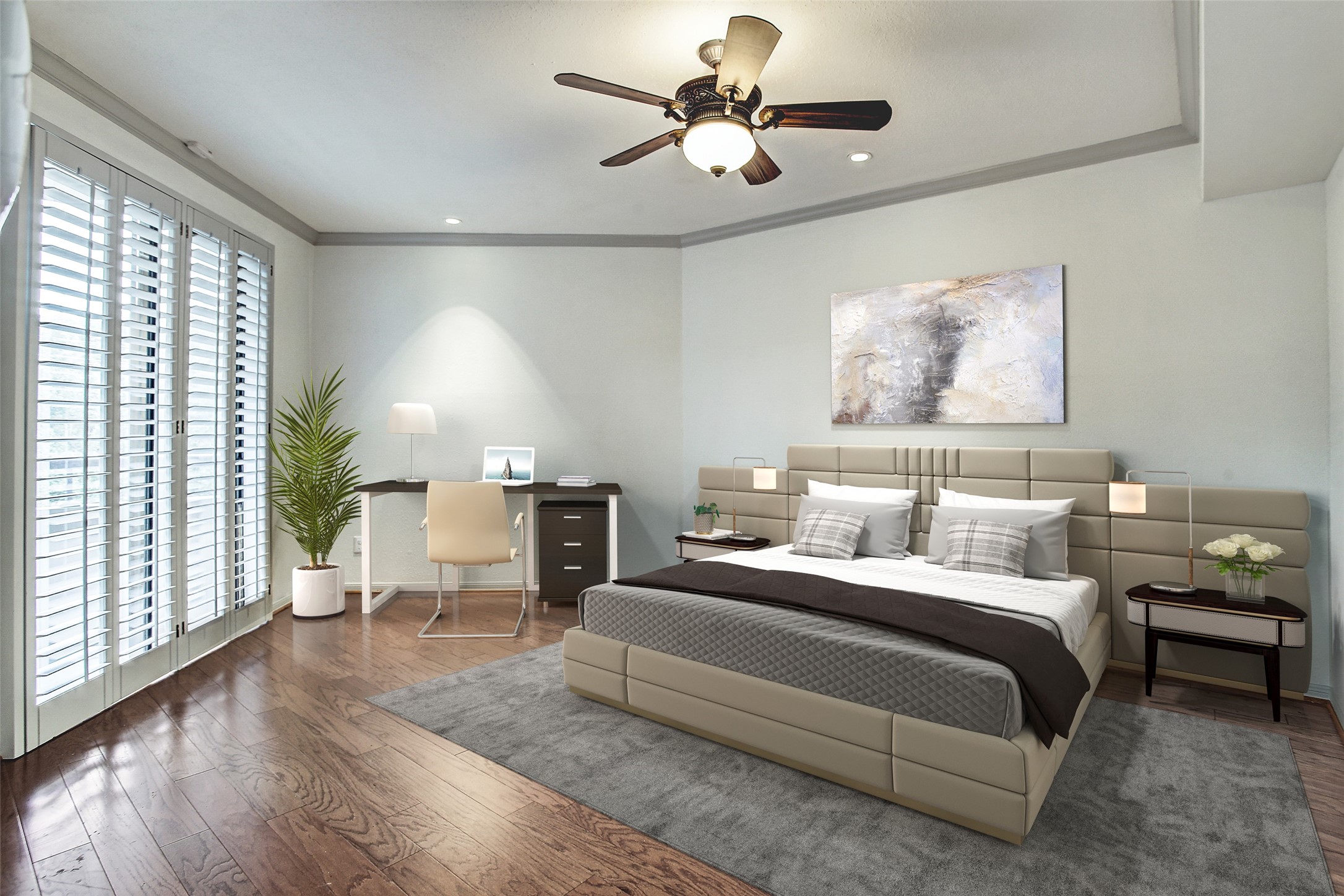 5220 Weslayan Street, Unit 310 Houston, TX 77005 - Photo 9 of 18 a bedroom with a large bed and a chandelier