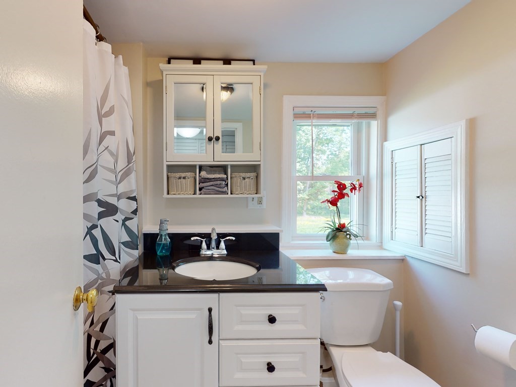 54 Carlin Road Waltham, MA 02451 - Photo 12 of 41 a bathroom with a granite countertop sink a toilet a mirror and shower