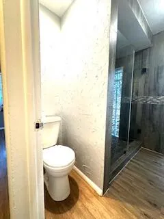 a bathroom with a toilet and a shower