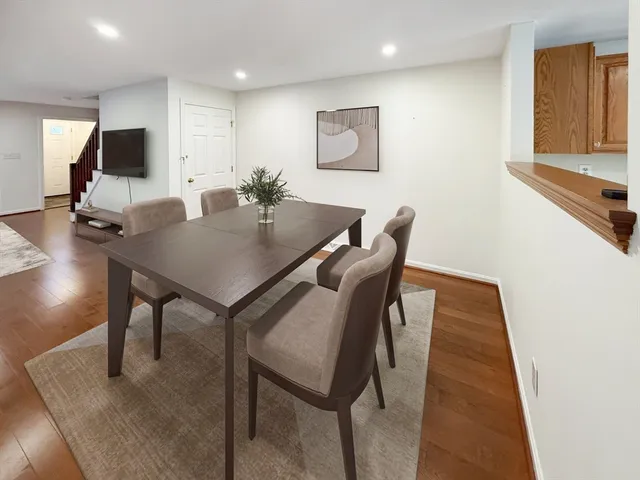 a view of a dining room with furniture